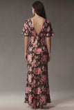 Robe midi en satin en satin à col rose rose noire et manches courtes