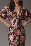 Robe midi en satin en satin à col rose rose noire et manches courtes