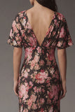 Robe midi en satin en satin à col rose rose noire et manches courtes