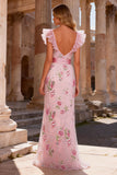 Robe de bal longue à col en V avec sirène rose et sequins de sirène avec col en V