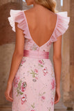 Robe de bal longue à col en V avec sirène rose et sequins de sirène avec col en V