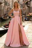 Corset rose A-Line A-Line long en satin robe de bal avec fente
