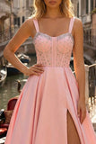 Corset rose A-Line A-Line long en satin robe de bal avec fente