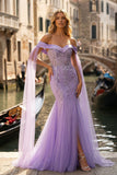 Robe de bal longue brodée lilas aux épaules dénudée avec fente
