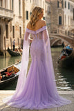 Robe de bal longue brodée lilas aux épaules dénudée avec fente