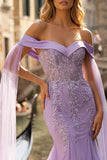 Robe de bal longue brodée lilas aux épaules dénudée avec fente