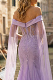 Robe de bal longue brodée lilas aux épaules dénudée avec fente