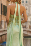 Corset hélicou robe longue de bal de sirène perlée vert clair avec fente