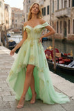Corset vert clair à épaules dénudées, robe de bal A-line high-low avec perles