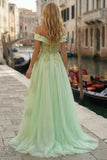 Corset vert clair à épaules dénudées, robe de bal A-line high-low avec perles