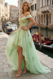 Corset vert clair à épaules dénudées, robe de bal A-line high-low avec perles