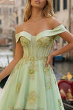 Corset vert clair à épaules dénudées, robe de bal A-line high-low avec perles