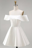 Corset en satin blanc à épaules dénudées, robe courte de mariée ligne A