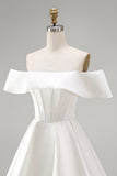 Corset en satin blanc à épaules dénudées, robe courte de mariée ligne A
