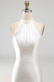Robe de mariée en satin blanc sirène à col haut avec traîne balayante