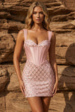 Robe de rentrée à la maison corset rose à bretelles épaisses avec paillettes