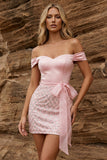 Robe de bal rose bodycon sequins à épaules dénudés avec ceinture