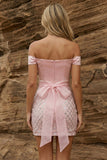 Robe de bal rose bodycon sequins à épaules dénudés avec ceinture