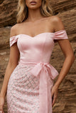 Robe de bal rose bodycon sequins à épaules dénudés avec ceinture