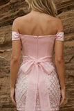 Robe de bal rose bodycon sequins à épaules dénudés avec ceinture