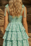 Robe de rentrée à la maison à bretelles épaisses vert clair en rangées A-line