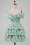 Robe florale de fin d’année vert clair sur les épaules décollées en A, ligne en A, robe de rentrée