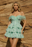 Robe florale de fin d’année vert clair sur les épaules décollées en A, ligne en A, robe de rentrée