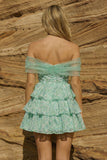 Robe florale de fin d’année vert clair sur les épaules décollées en A, ligne en A, robe de rentrée