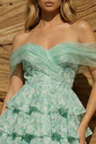 Robe florale de fin d’année vert clair sur les épaules décollées en A, ligne en A, robe de rentrée