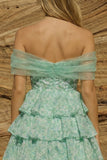 Robe florale de fin d’année vert clair sur les épaules décollées en A, ligne en A, robe de rentrée