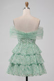 Robe florale de fin d’année vert clair sur les épaules décollées en A, ligne en A, robe de rentrée