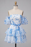 Robe de bal à fleurs à étages bleue A-line à épaules décollées
