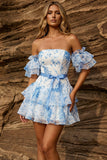 Robe de bal à fleurs à étages bleue A-line à épaules décollées