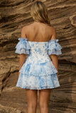 Robe de bal à fleurs à étages bleue A-line à épaules décollées