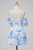 Robe de bal à fleurs à étages bleue A-line à épaules décollées
