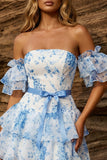 Robe de bal à fleurs à étages bleue A-line à épaules décollées