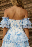 Robe de bal à fleurs à étages bleue A-line à épaules décollées
