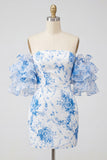 Robe de balles bleue bleue à fleurs épaulées dénudée