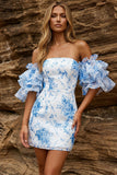 Robe de balles bleue bleue à fleurs épaulées dénudée