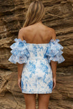Robe de balles bleue bleue à fleurs épaulées dénudée