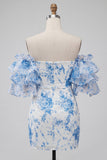Robe de balles bleue bleue à fleurs épaulées dénudée