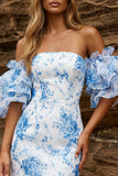 Robe de balles bleue bleue à fleurs épaulées dénudée