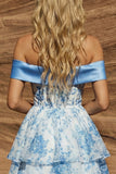Robe de rentrée bleue à fleurs décollées sur les épaules avec un nœud