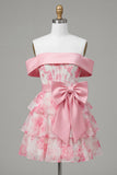 Corset rose à épaules décollées A, robe de rentrée à étages à fleurs avec nœud