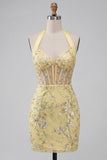 Robe de rentrée à la maison à la maison jaune transparente à col nu, bodycon avec des paillettes