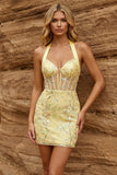Robe de rentrée à la maison à la maison jaune transparente à col nu, bodycon avec des paillettes