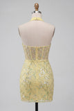 Robe de rentrée à la maison à la maison jaune transparente à col nu, bodycon avec des paillettes