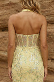 Robe de rentrée à la maison à la maison jaune transparente à col nu, bodycon avec des paillettes