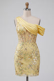 Robe de rentrée à la maison à fleurs transparente corset jaune bodycon, une épaule et des paillettes