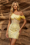 Robe de rentrée à la maison à fleurs transparente corset jaune bodycon, une épaule et des paillettes
